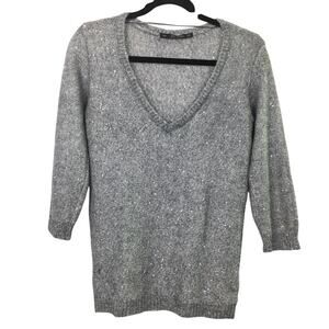 Zara Knit Semi Sheer Sequin Mohair Minimalist V-Neck 3/4 Sleeve Gray Sweater M